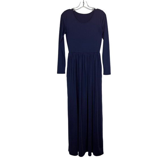 Vintage Navy Blue Full-Length Maxi Dress Long-Sleeve Round-Neckline Gathered-Wai - Picture 1 of 4